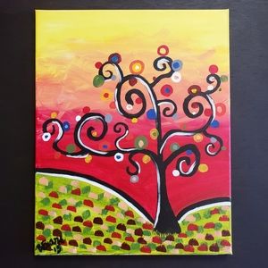 Original 20" Artwork Signed Modern Colorful Tree Landscape Art Painting